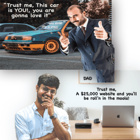 "Illustration shows "DAD" as a used car salesman of the 1970s and "SON" of current day using the same sales techniques that his dad used to sell cars to promote his digital marketing business. This is why hiring a Christian graphic designer is so important."