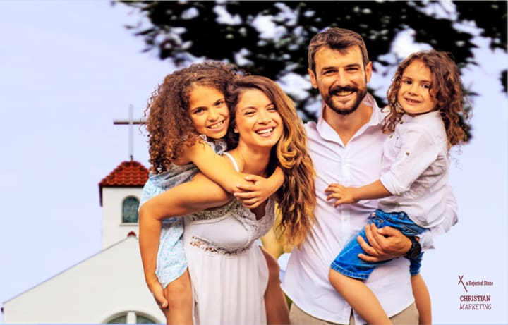 Family standing in front of their Church—a Rejected Stone, a Christian Internet Marketing company