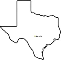 Texas outline showing approximately the location for Kerrville