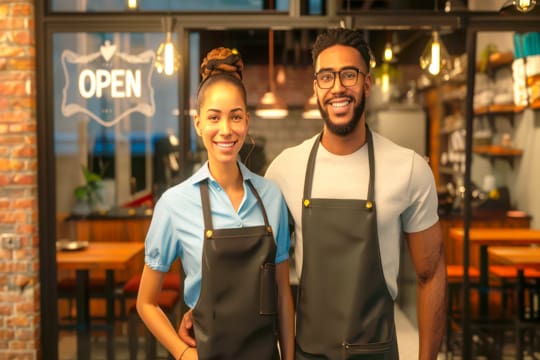 Two business owners standing in front of their cafe