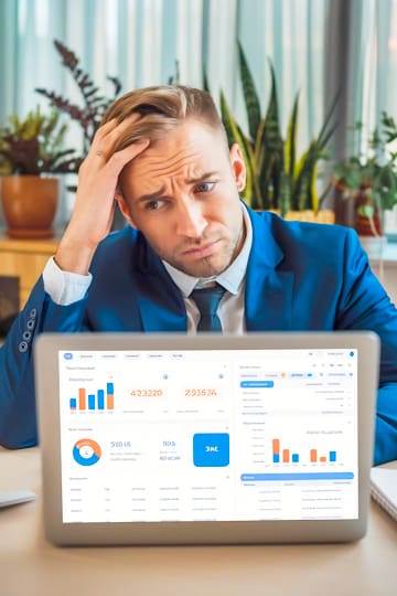 Man frustrated while trying to analyze marketing data 