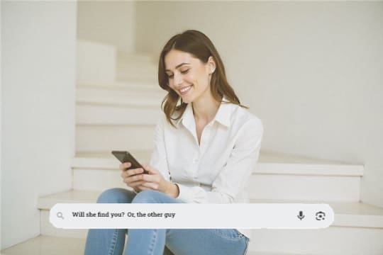 Young woman sitting on white stairs searching on Google on her iPhone