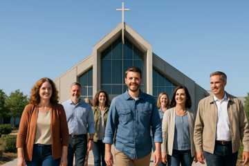 Happy people leaving their Church service