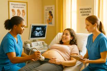 A pregnant woman getting an ultrasound at a pregnancy resource center