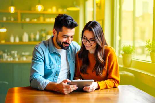 A couple in a coffee shop finds a site that is a solution to their problems