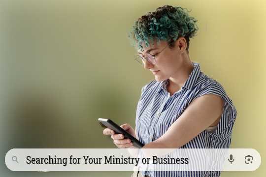 Woman doing a search on her iPhone looking for Your Ministry or Business