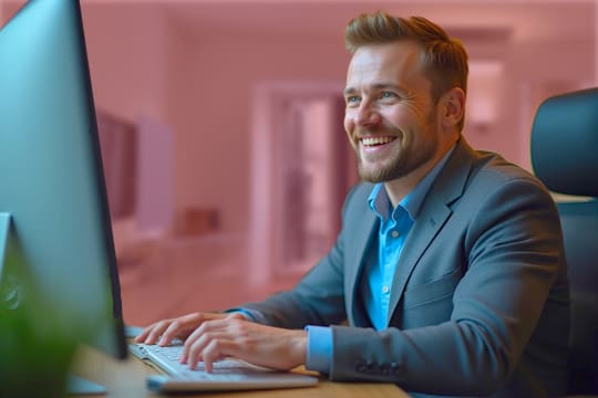 Business man looking at his business staticts and thrilled with the results