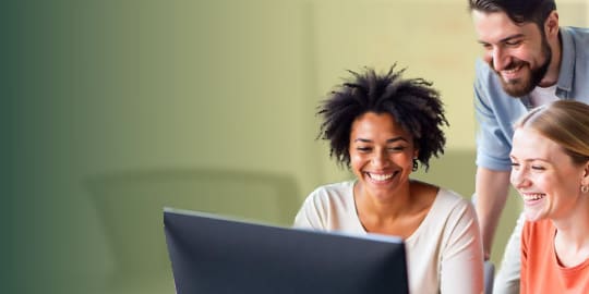 Three coworkers are thrilled with the results of their SEO campaign designed by their Christian Digital Marketing Company