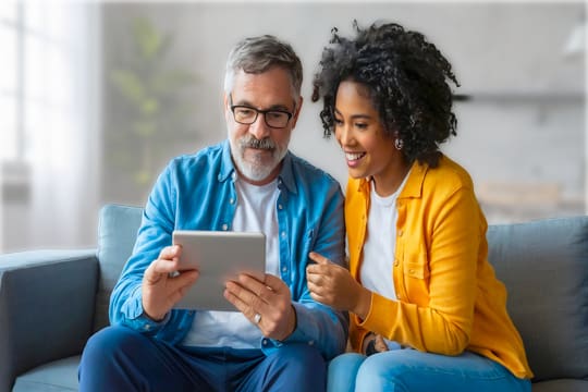 Couple looking at Social Media while sitting on livingroom couch