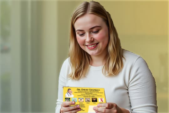 Young woman reading real estate postcard she received in the mail sent by ars Christian SEO Services